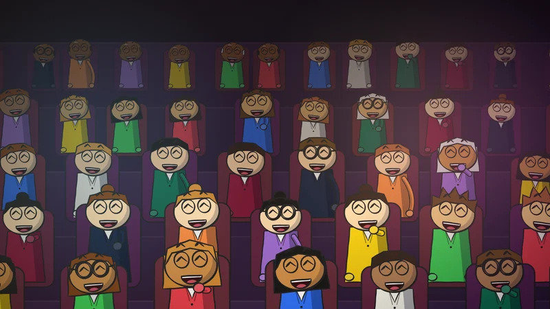 The cartoon studio audience on five rows of risers, one empty red seat lit by a spotlight