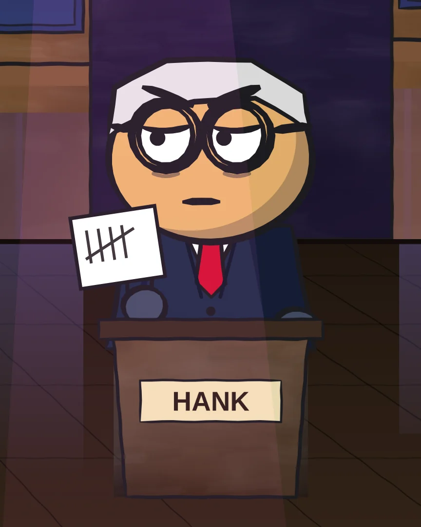 Hank Ledger, deadpan, holding up his card of tally marks