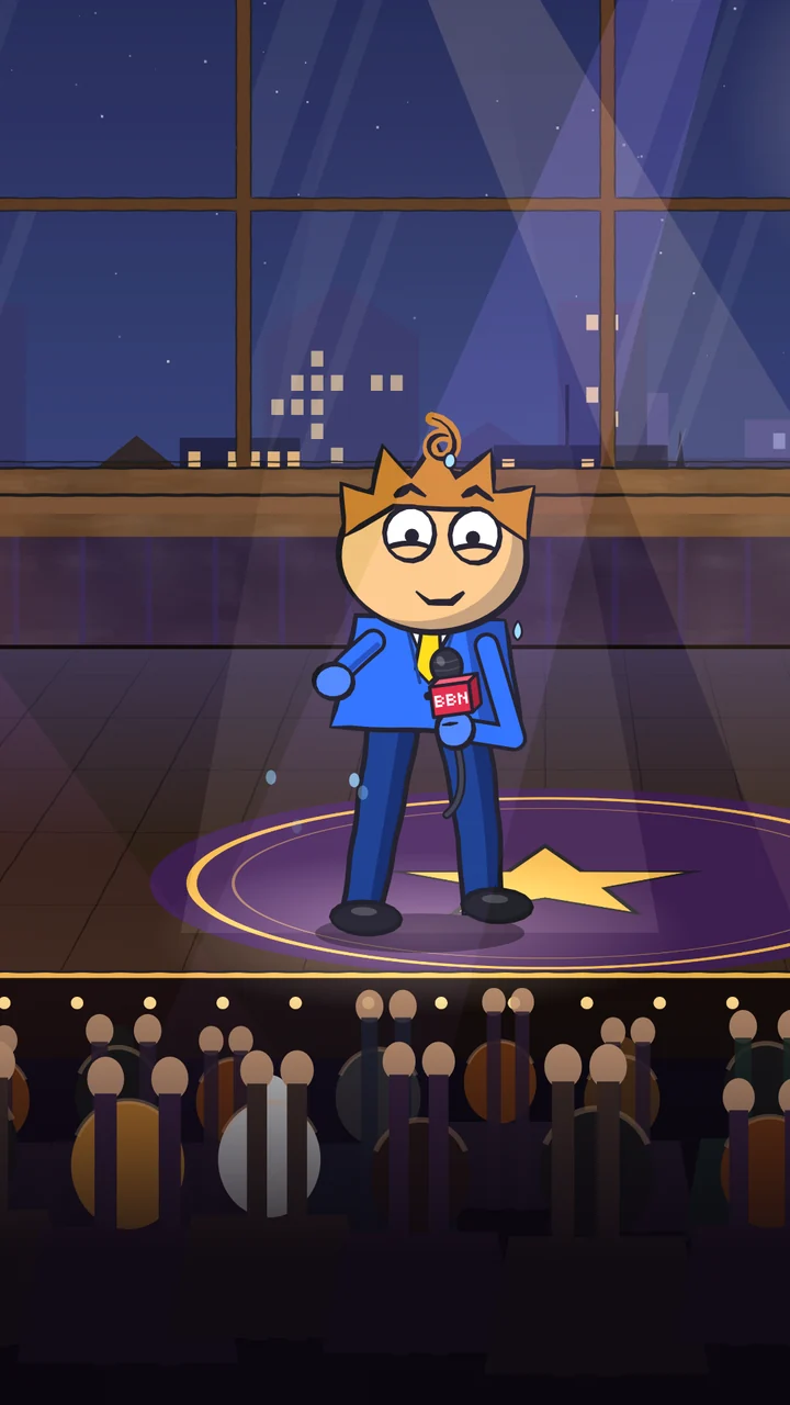 Skip Waverly on stage with his arms wide under a tiny rain cloud, the band playing on the left and Hank at his podium on the right