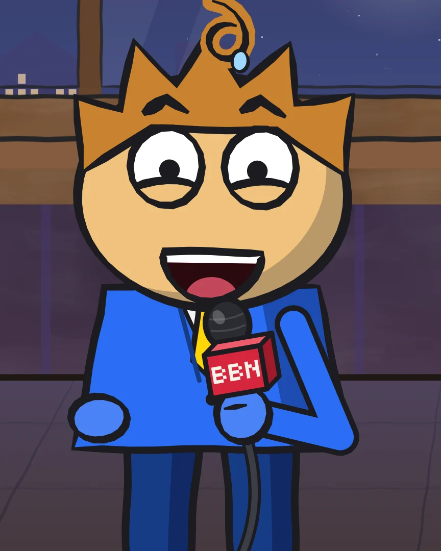 Skip Waverly in his blue suit, grinning into his BBN microphone